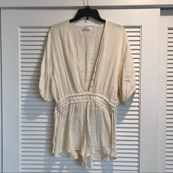 SOLD - Cream Linen Romper with Button and Side-tie Details - Picture 3 of 4